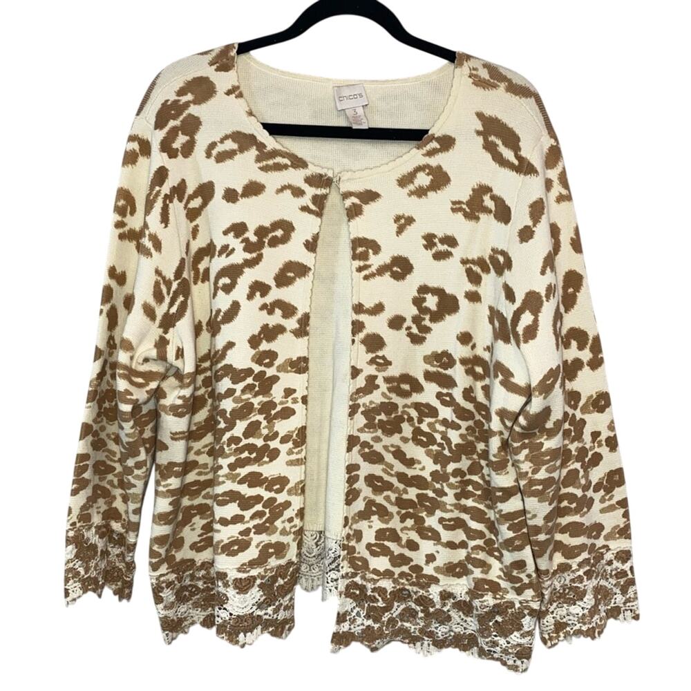 Chico's Cream & Brown Animal Print Lace Trim‎ Cardigan